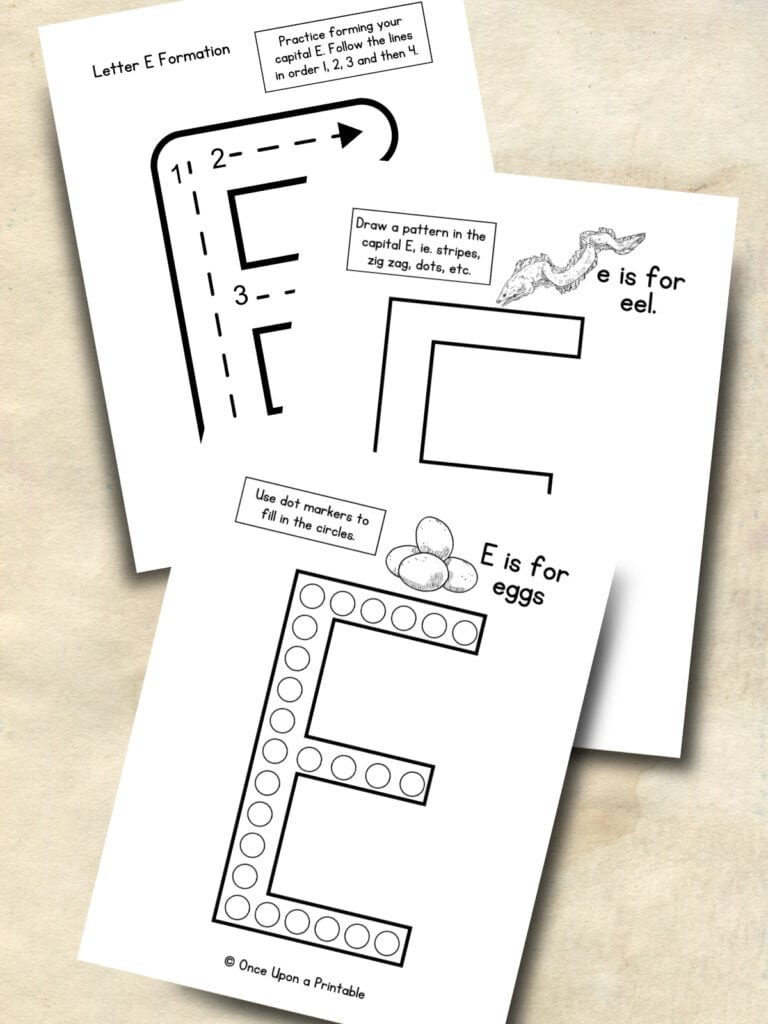 Letter E capital E practice sheets with dot marker, and line tracing.