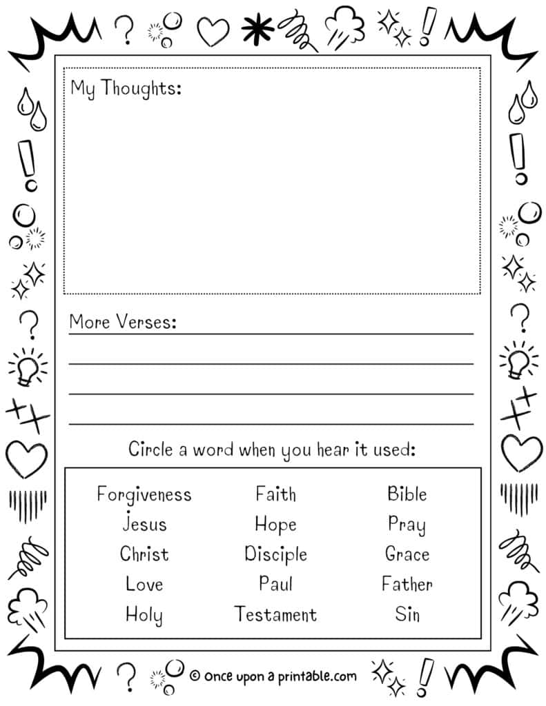 Simple engaging sermon notes for kids coloring pages with prompts and doodles.