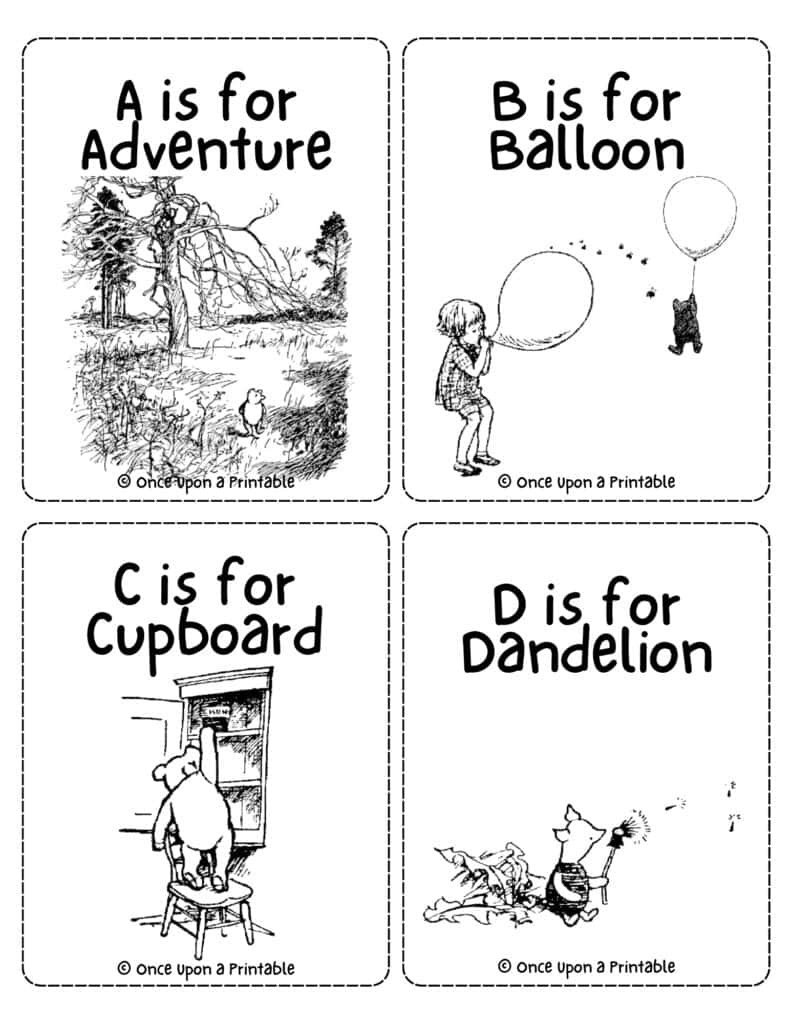 Winnie the Pooh Alphabet flash cards with original black and white illustrations.