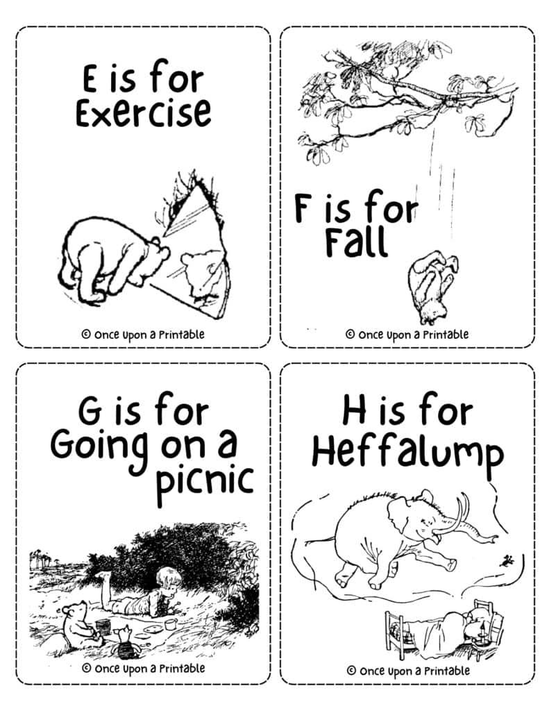 Winnie the Pooh Alphabet flash cards with original black and white illustrations.