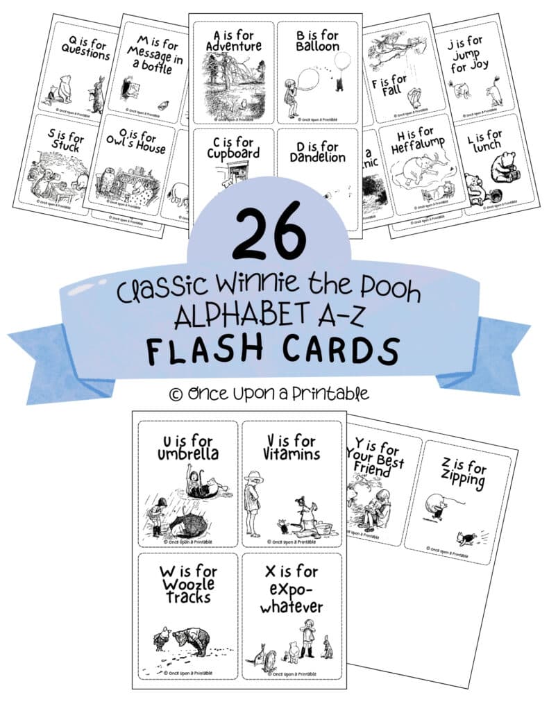 Winnie the Pooh Alphabet flash cards with original black and white illustrations.