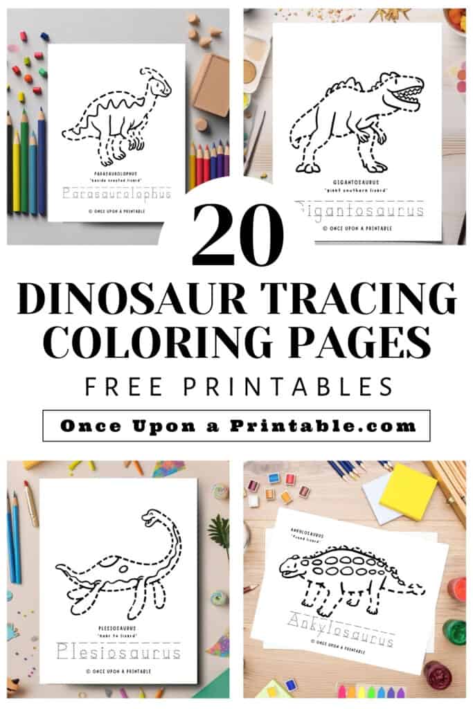 Four different dinosaur tracing and coloring pages displayed with coloring supplies.