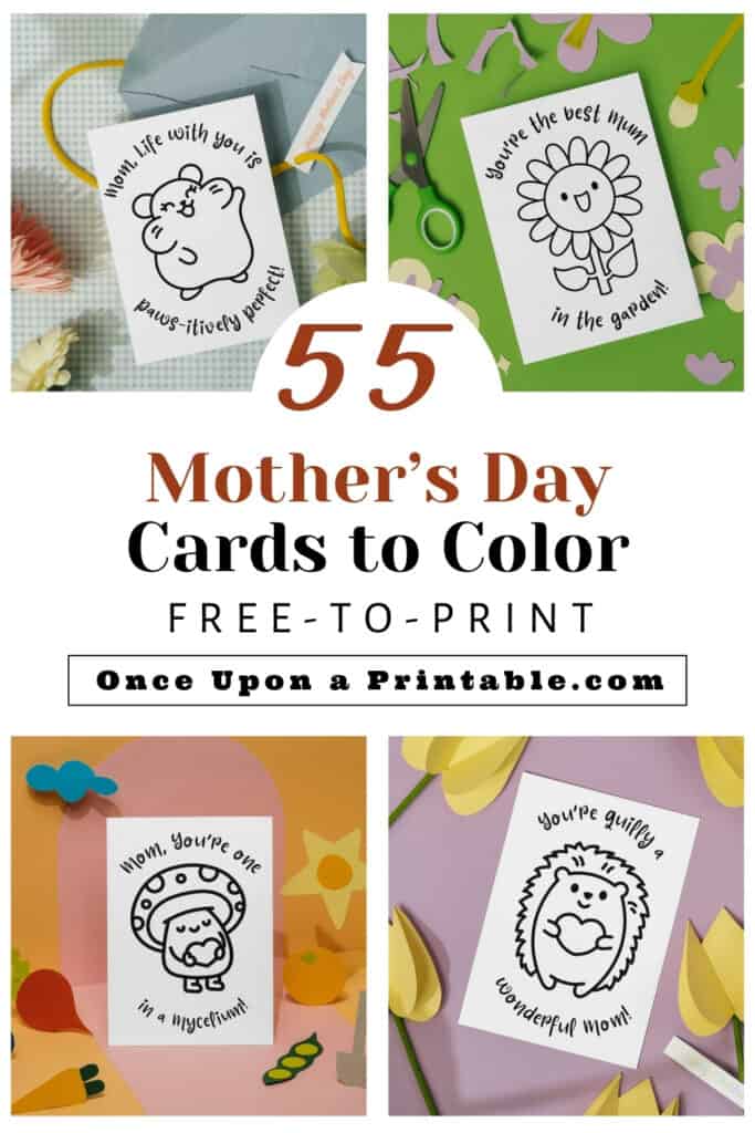 Mother's day cards to color for kids and adults, fun kawaii style graphics.