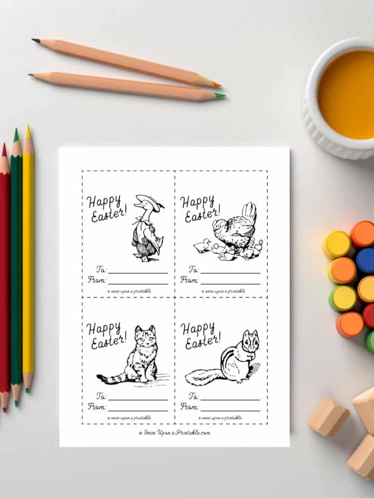 Happy Easter coloring cards with illustrations by Beatrix Potter.