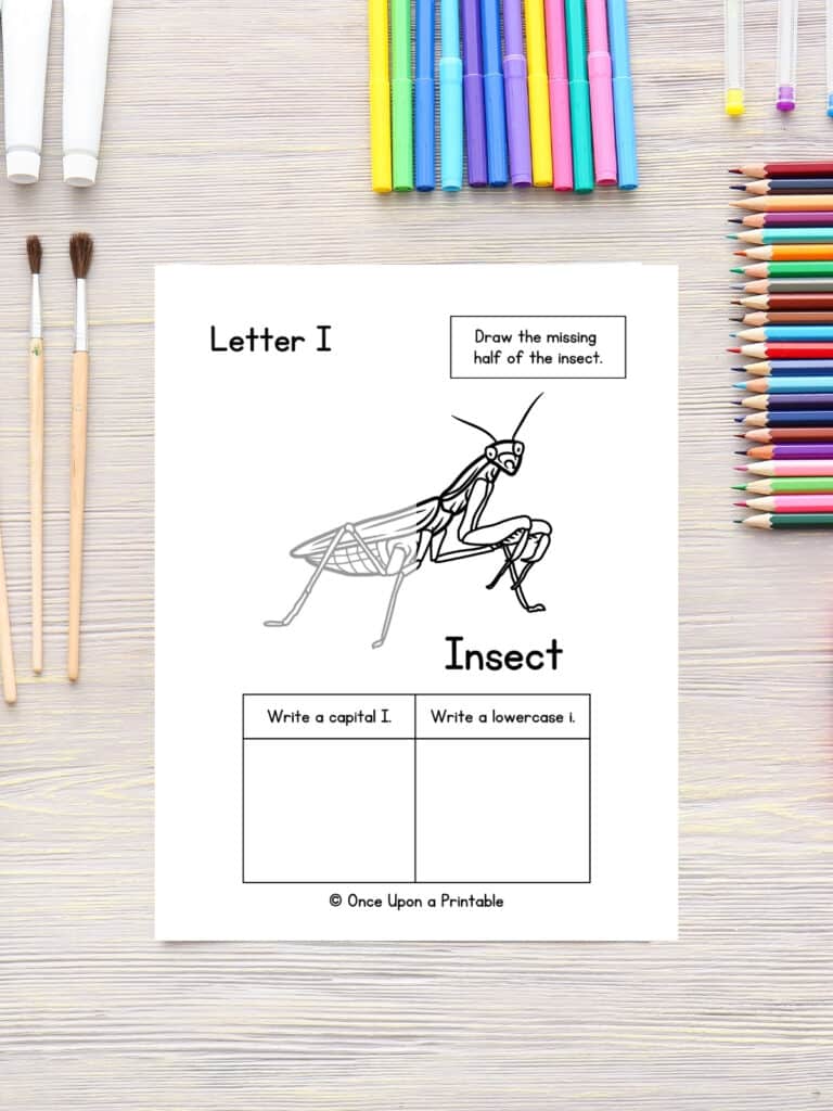 finish this drawing of an insect, letter I worksheet.