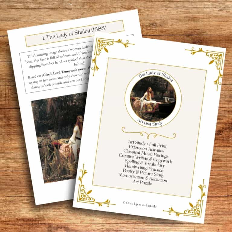 John William Waterhouse Art Unit Study with the lady of shalott painting unit study in printables on a table.