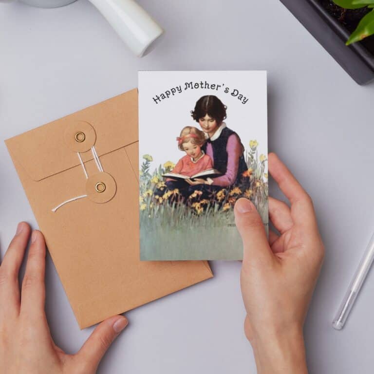 Happy Mother's Day greeting card watercolor design with a mother holding her daughter sitting in a flower field.