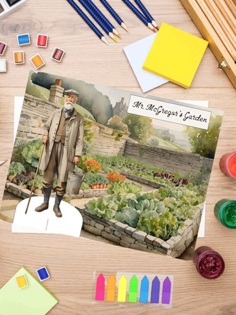 Mr McGregor in his garden, paper doll set printed out and laying on a wooden table.