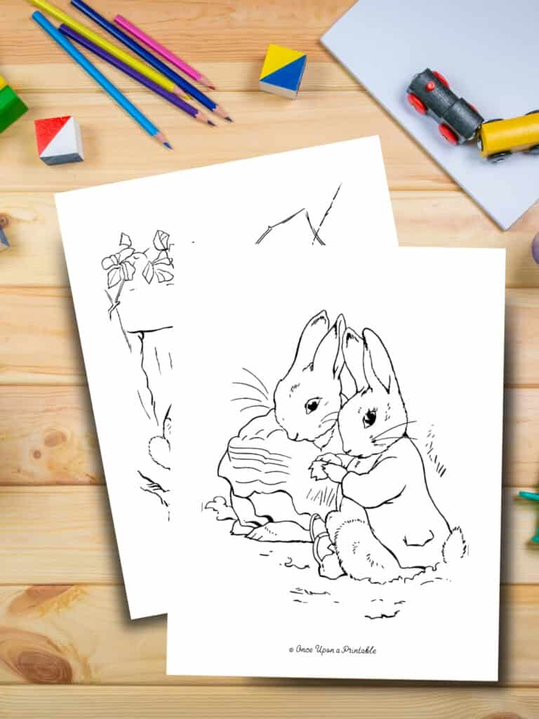 Peter Rabbit and Benjamin Bunny coloring pages laying on a wooden table with coloring pencils.
