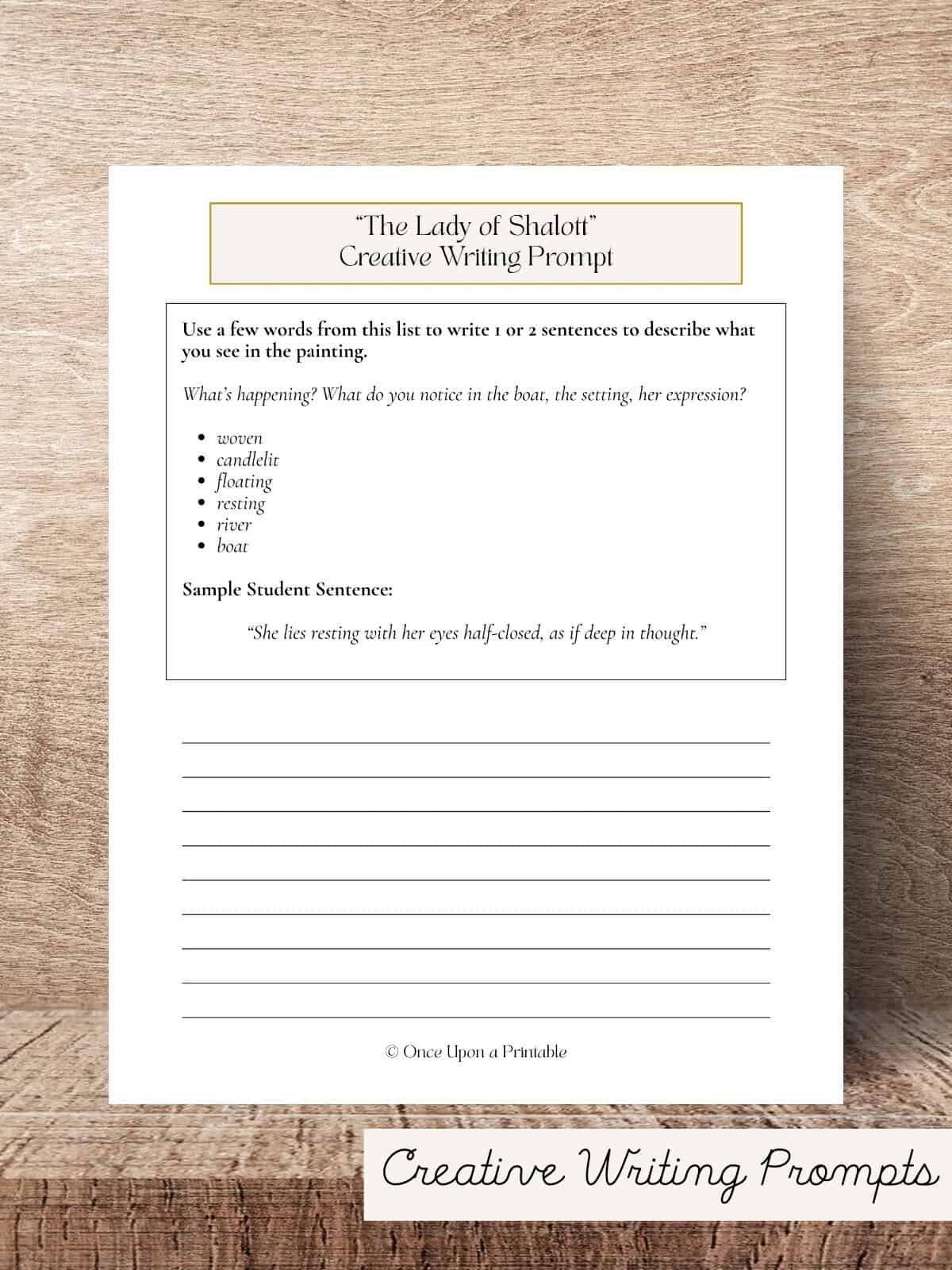 Creative writing prompts for The Lady of Shalott, art study.