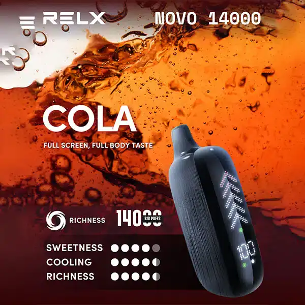 RELX NOVO 14K กลิ่น Cola ซ่าหอมชื่นใจ กลิ่นโคล่าเข้มข้น ให้ฟีลสดชื่นเหมือนน้ำอัดลมเย็นๆ สูบแล้วซาบซ่าทุกคำ