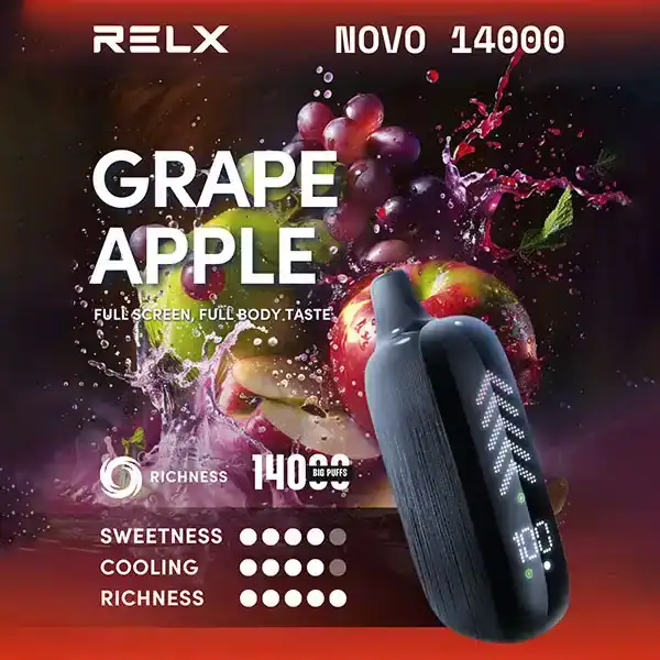 RELX NOVO 14K กลิ่น Grape Apple หอมหวานสดชื่น ผสานความฉ่ำขององุ่นและแอปเปิลลงตัว สูบแล้วสดใสเต็มรสทุกคำ