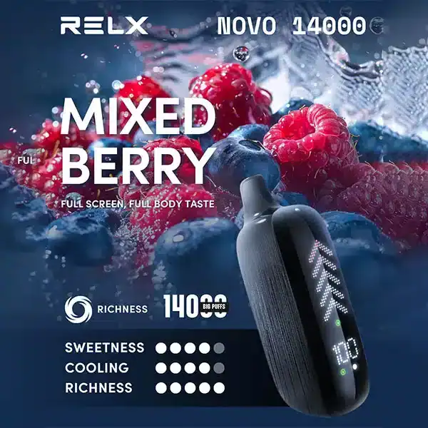 RELX NOVO 14K กลิ่น Mixed Berry เปรี้ยวหวานกลมกล่อม รวมความหอมสดชื่นจากเบอร์รีหลากชนิด สูบแล้วฟินเต็มรสทุกคำ