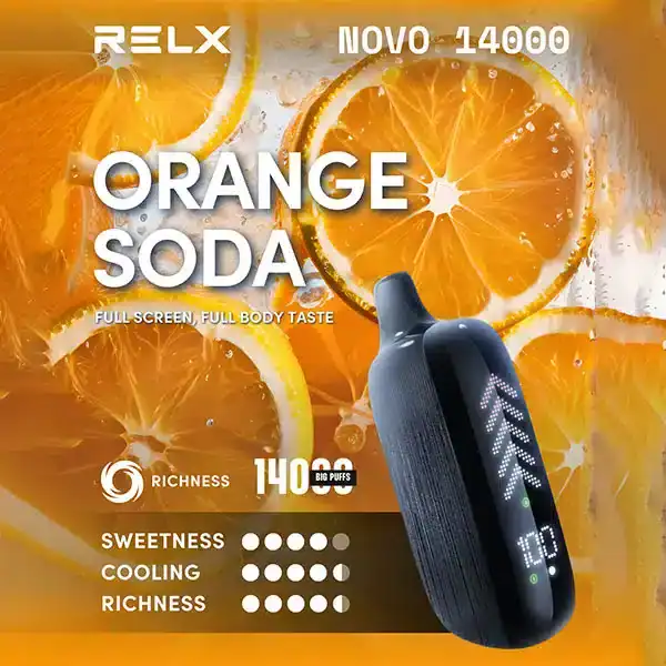 RELX NOVO 14K กลิ่น Orange Soda ซ่าหอมสดชื่น กลิ่นส้มจี๊ดจ๊าดผสานโซดาเย็นซ่า สูบแล้วเปรี้ยวซ่าสะใจทุกคำ