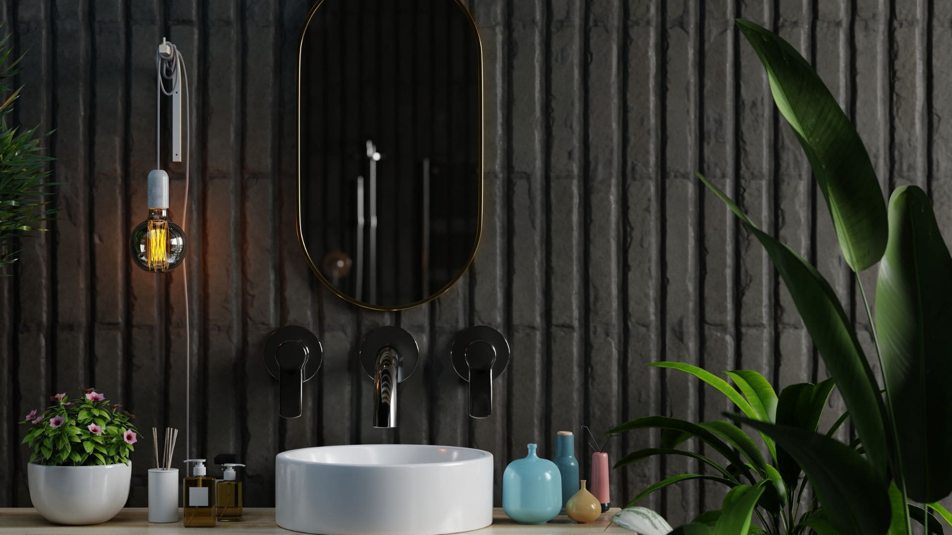 Dark, textured walls in a modern bathroom design.