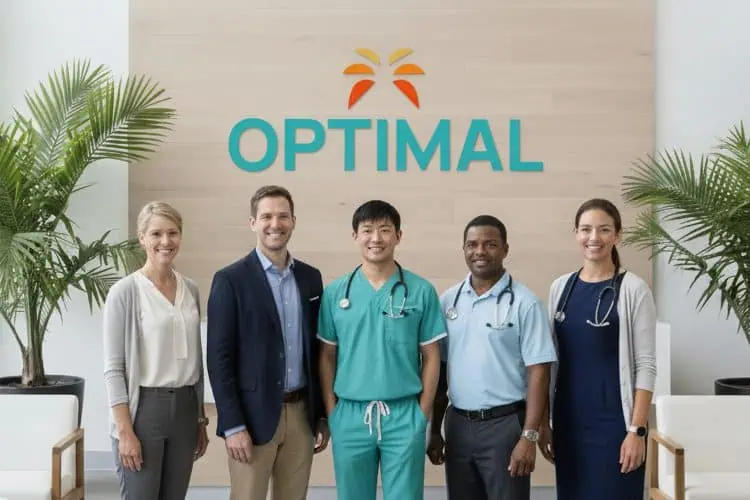 Five healthcare professionals stand in front of a wall with the word 