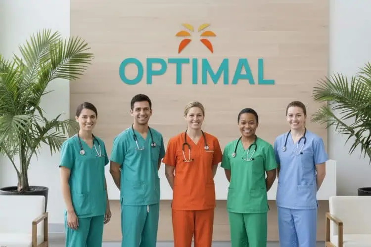 Five healthcare professionals in scrubs stand in front of a sign that reads “OPTIMAL,” with two potted plants on either side.