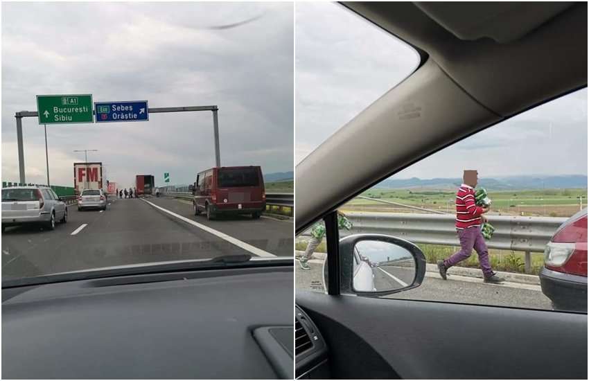 FOTO: Românii sunt săritori – Au „salvat” baxurile de bere dintr-un TIR în flăcări pe autostrada Sibiu – Deva