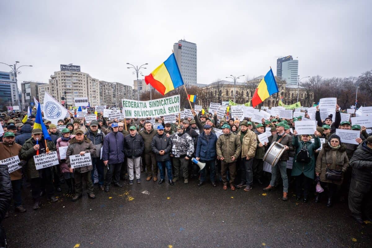 Silvicultorii protestează în Piaţa Victoriei împotriva tăierii salariilor și drepturilor lor
