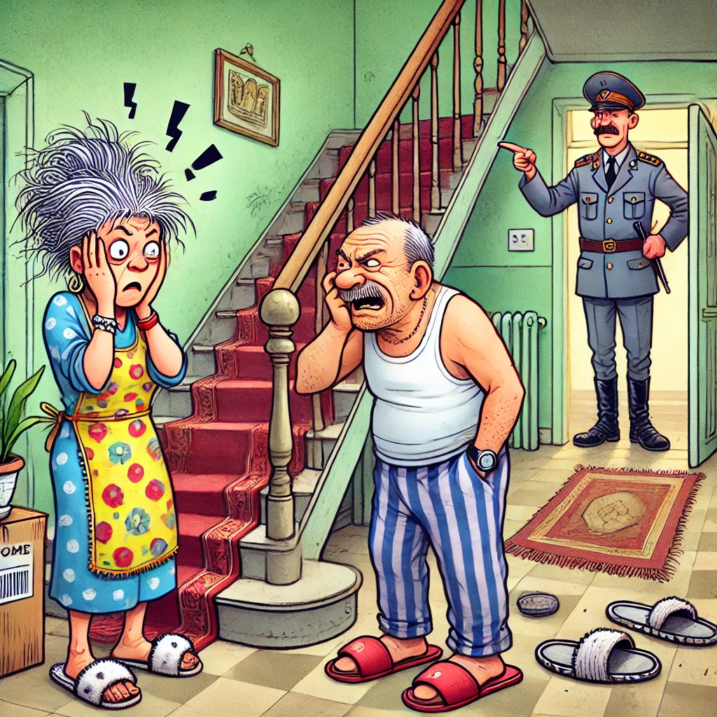 DALL·E 2025 04 11 13.59.45 A humorous and ironic cartoon style illustration for a satirical news article. The scene shows an interior staircase of a Romanian apartment block. A