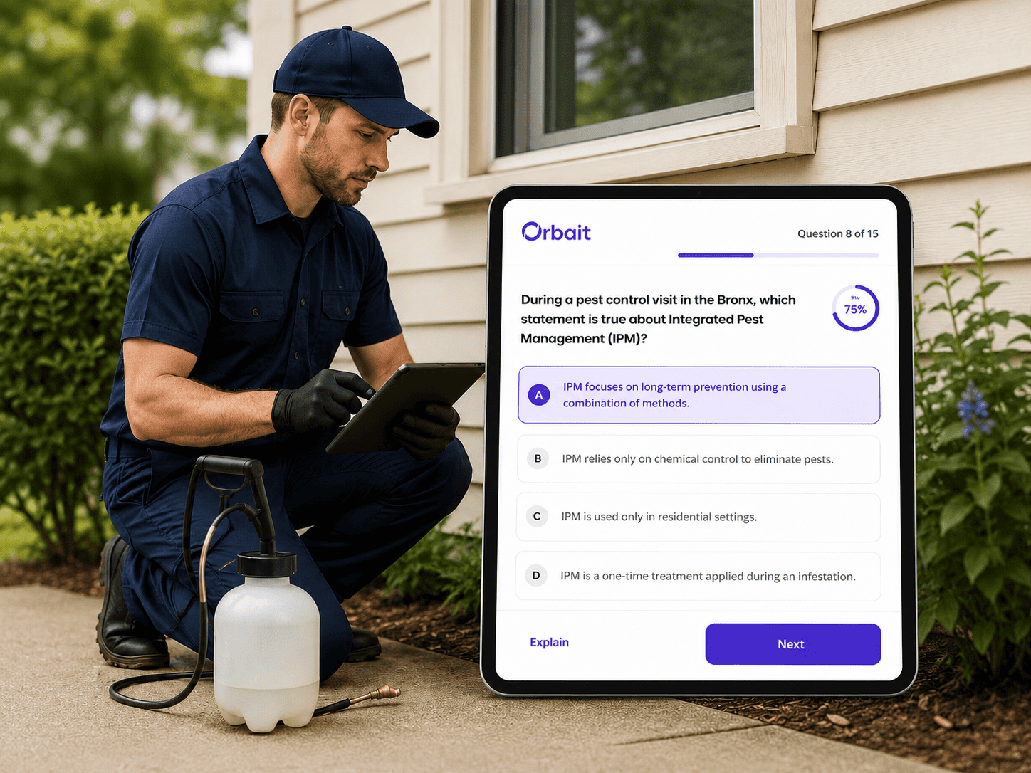 Pest control technician using the Orbait exam preparation quiz on a tablet