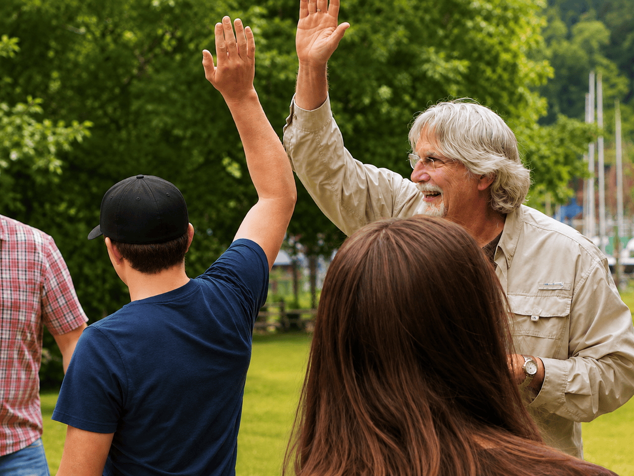 Gray haird man giving a man in a black shirt a high-5