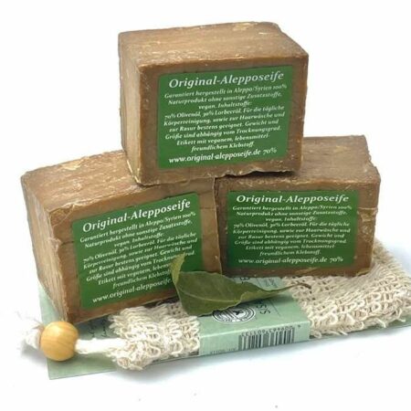3 Alepposeifen + Sisal-Seifensäckchen  70% Olivenöl/30% Lorbeeröl, 7 Jahre Reifezeit