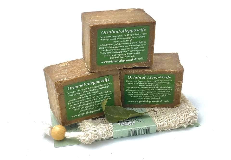 3 Alepposeifen + Sisal-Seifensäckchen  70% Olivenöl/30% Lorbeeröl, 7 Jahre Reifezeit