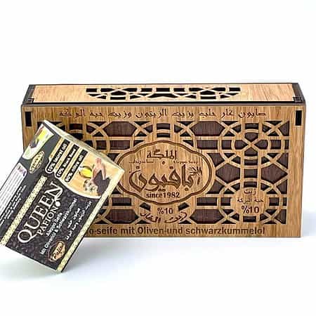 3 Alepposeifen in Holz-Geschenkbox - 80% Olivenöl, 10% Schwarzkümmelöl, 10% Lorbeeröl