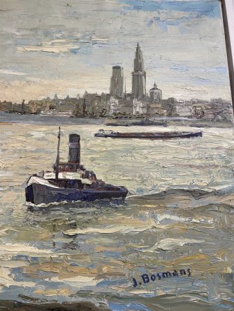 Vintage Painting Antwerp Across the Water