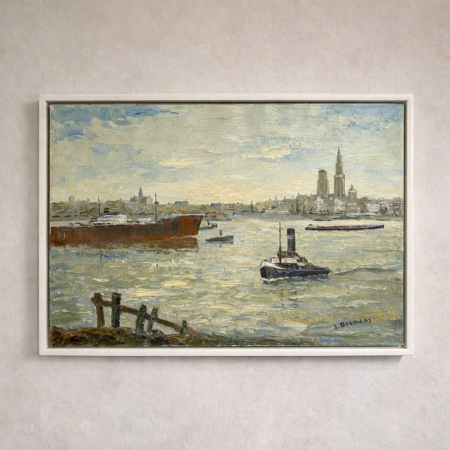 Vintage Painting Antwerp Across the Water
