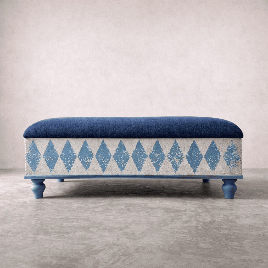 upholstered ottoman blue diamonds pattern