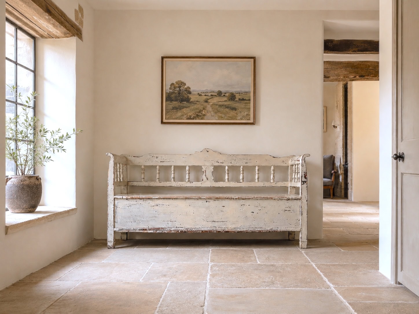 antique painted white swedish bench