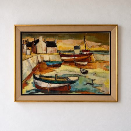 Large Mid-Century French Harbour Oil Painting