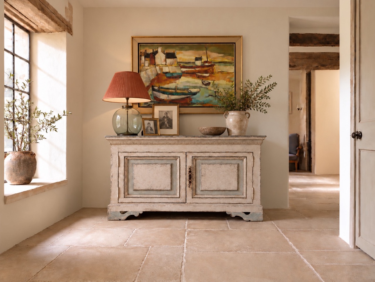 Large Mid-Century French Harbour Oil Painting - Image 2