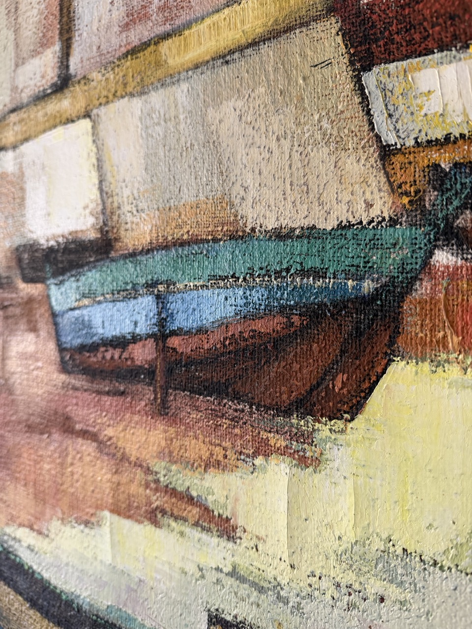 Large Mid-Century French Harbour Oil Painting - Image 3