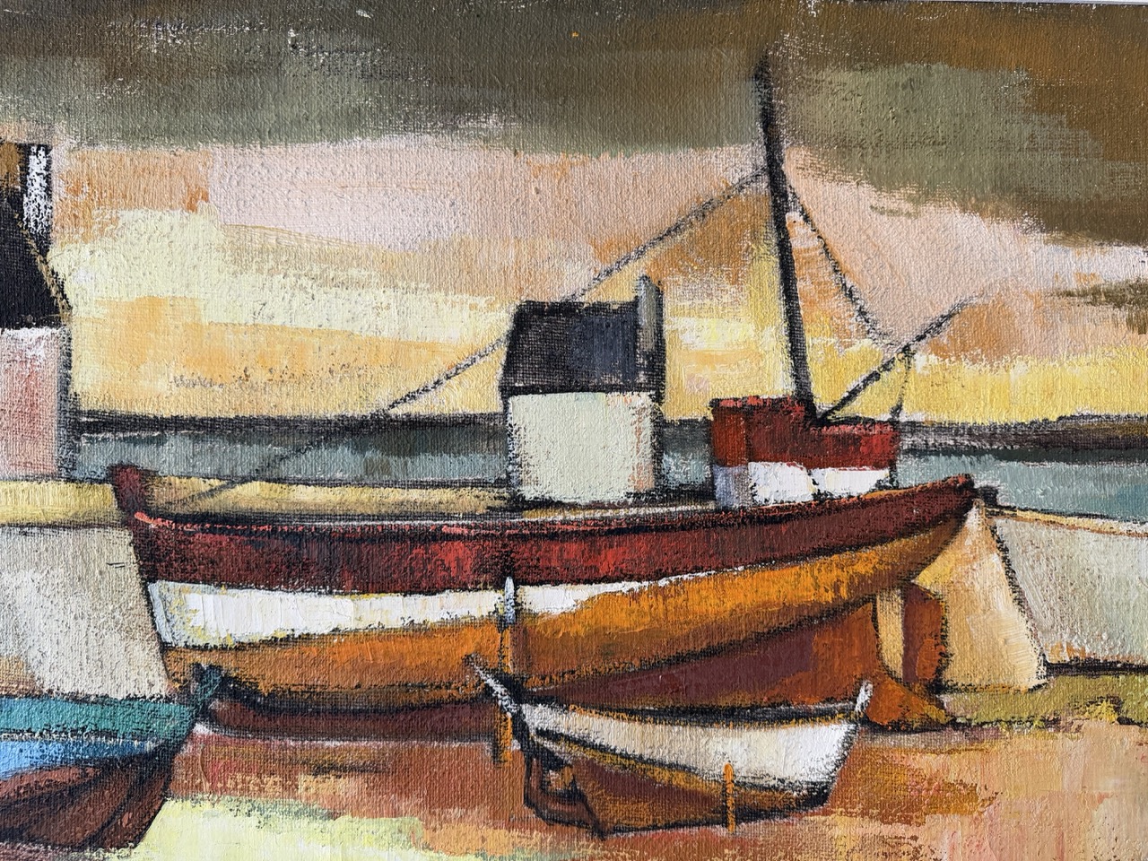Large Mid-Century French Harbour Oil Painting - Image 5