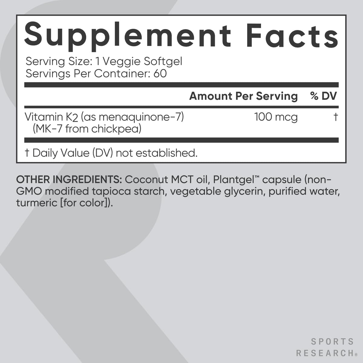 Sports Research® Vitamin K2 as MK-7 100mcg with Coconut MCT Oil - 60 Veggie Softgels - Image 2