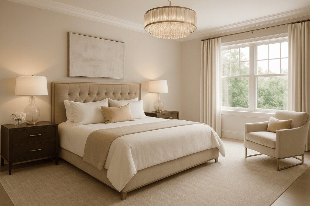 Serene bedroom with a plush beige upholstered bed, elegant bedside tables with matching lamps, and a cozy armchair near large windows letting in natural light. Tastefully decorated for luxury living.
