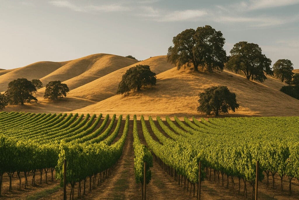 Vineyard with lush green grapevines in the foreground and rolling golden hills with scattered trees in the background, under a clear sky during late afternoon or early evening.