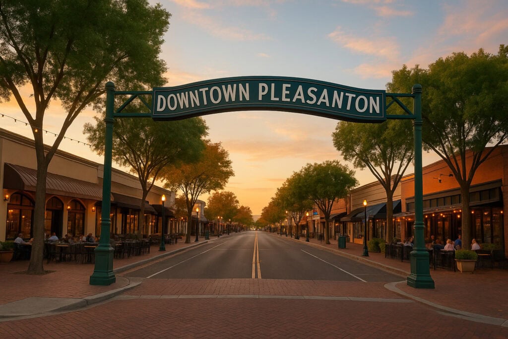 Downtown Pleasanton street scene at sunset with shops, trees, and outdoor seating, showcasing a charming and vibrant community atmosphere in Pleasanton, CA.