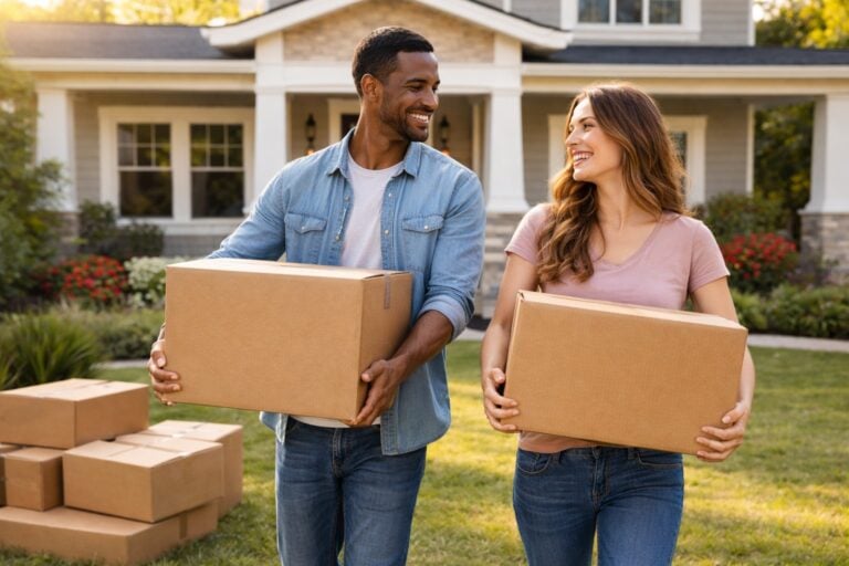 A happy couple with boxes outside their new home, symbolizing the excitement and effort involved in purchasing a property.