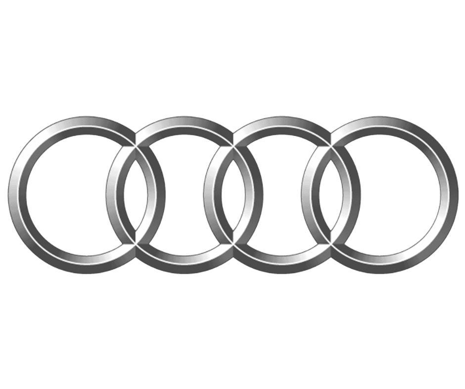 Audi logo with four interlinked rings, representing luxury car brand and vehicle engineering excelle.