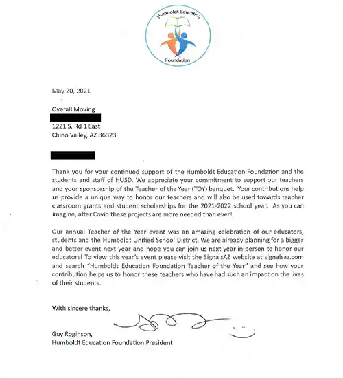 Overall Moving and Humboldt Education Foundation involvement