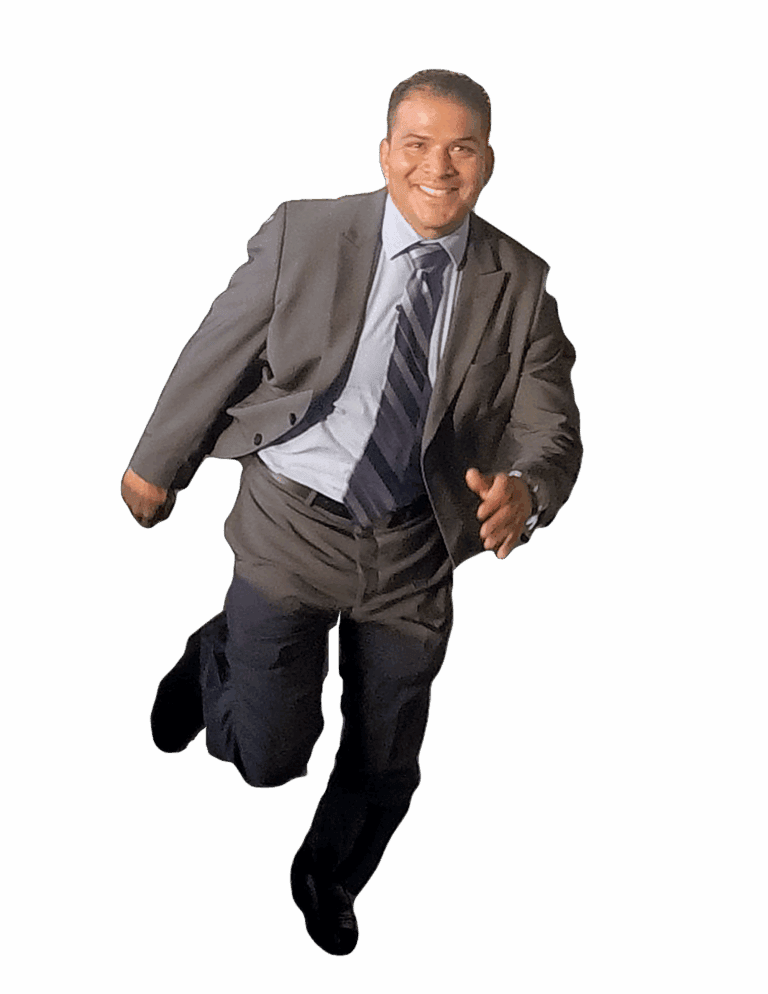 Vibrant real estate agent running confidently in a suit and tie.