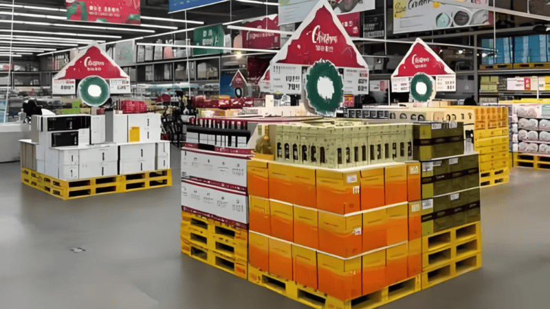 A store with pallets of wine and other items