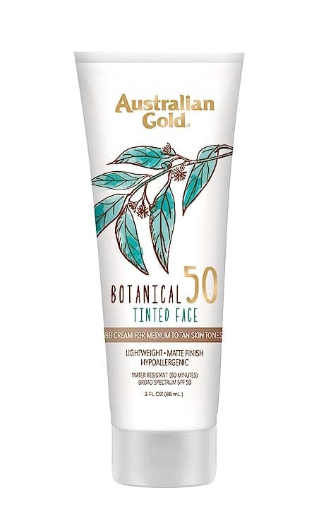 Australian Gold Botanical SPF 50 Tinted Sunscreen for Face, Non-Chemical BB Cream & Mineral Sunscreen, Water-Resistant, Matte Finish, For Sensitive Facial Skin, Medium to Tan Skin Tones, 3 FL Oz