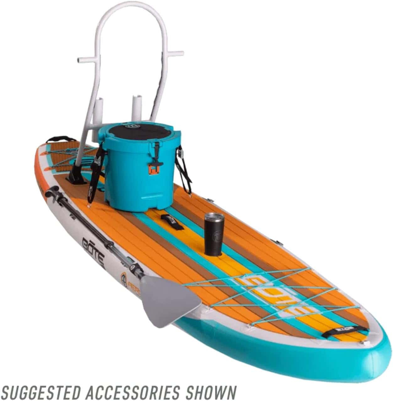 Paddleboard with paddle, cooler, and safety leash for water sports and paddleboarding.