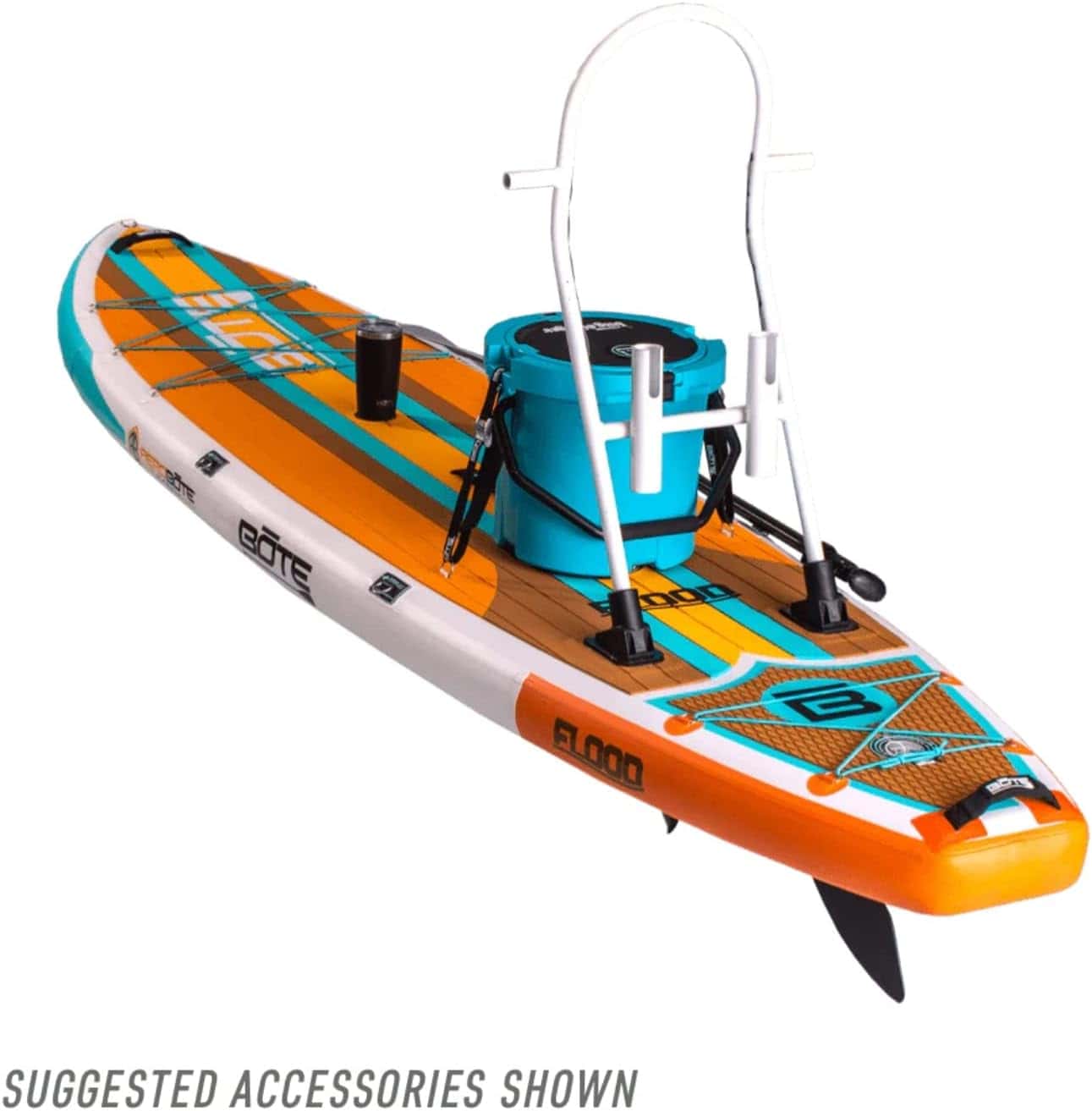 Inflatable paddleboard with paddle, leash, and storage for water sports enthusiasts.