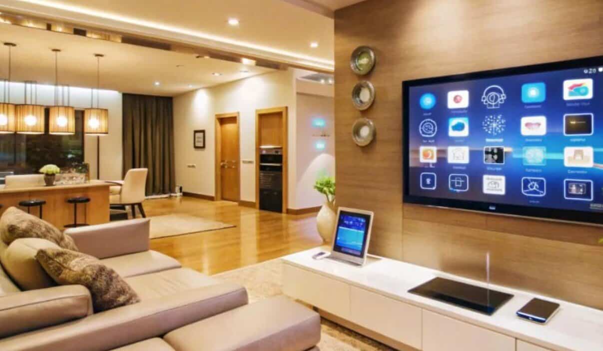 Modern Living Room With Integrated Smart Home Technology Featured In Custom Luxury Homes In Palmilla, Including Wall-Mounted Controls, Ambient Lighting, And Open-Concept Design.
